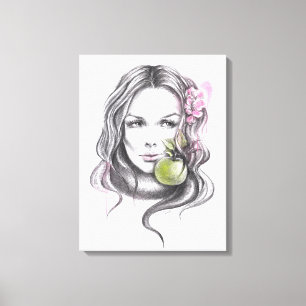 Impressão Em Tela Retrato de mulher com maçã e flor Surrealismo