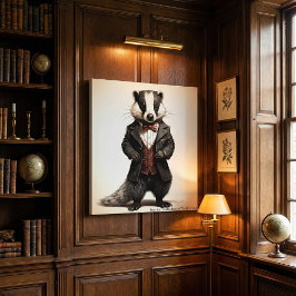 Impressão Em Tela Retrato de Texugo Dark Academia Arte de Biblioteca