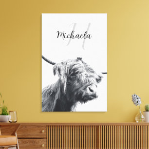 Impressão Em Tela Retrato de vaca das Terras Altas monograma inicial