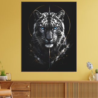 Impressão Em Tela Retrato do Leopardo da Neve Branco | Olhos Azuis |