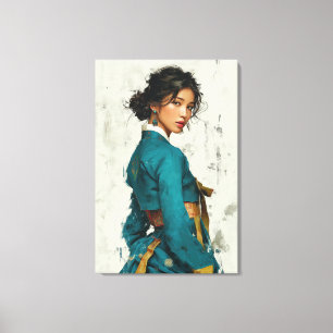 Impressão Em Tela Retrato em Tela de Hanbok Azul Moderno