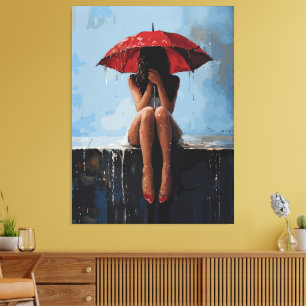 Impressão Em Tela Retrato Feminino Emocional com Guarda-Chuva Vermel