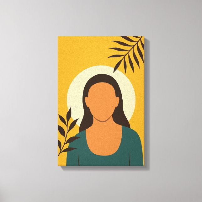 Impressão Em Tela Retrato Mínimo de Mulher com Folhas (Frente)