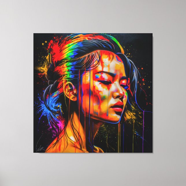 Impressão Em Tela Retrato Neon Vibrante - Arte Expressionista Abstra (Frente)