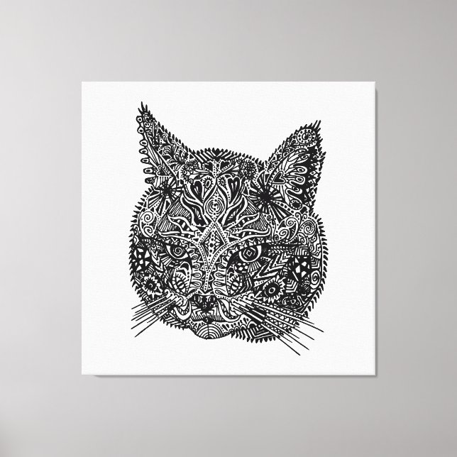 Impressão Em Tela Retrato Ornamental de Gato Negro e Branco (Frente)