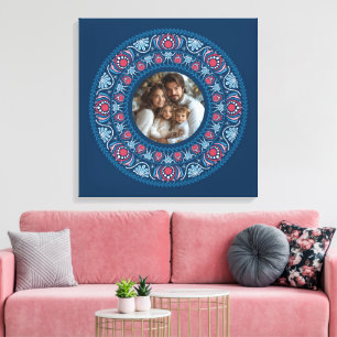 Impressão Em Tela Retrato Personalizado Família Azul Festivo Mandala
