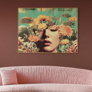 Impressão Em Tela Retrato Surrealista Subaquático Com Flores de Cora