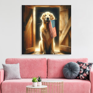 Impressão Em Tela Retriever Dourado Segurando Uma Bandeira Americana