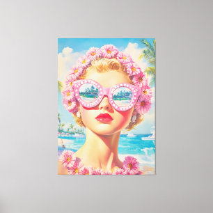 Impressão Em Tela Retro Beach Girl com óculos de sol florais