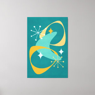 Impressão Em Tela Retro Meados do Século Espaço Atômico Teal, Laranj