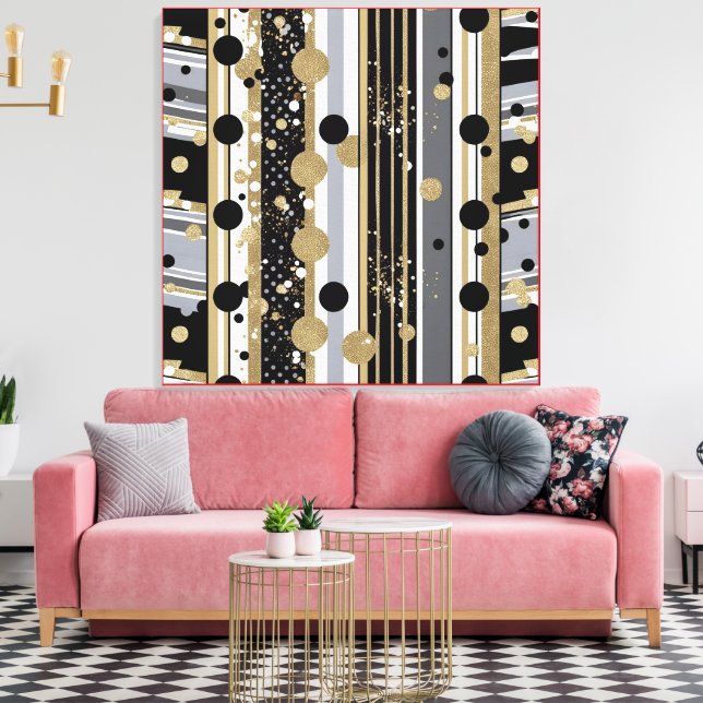 Impressão Em Tela Retro-modern, Black, Grey and Gold Polka Dots (Insitu(Sala de estar))