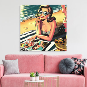 Impressão Em Tela Retro Mulher na Praia lendo uma Revista Fashion