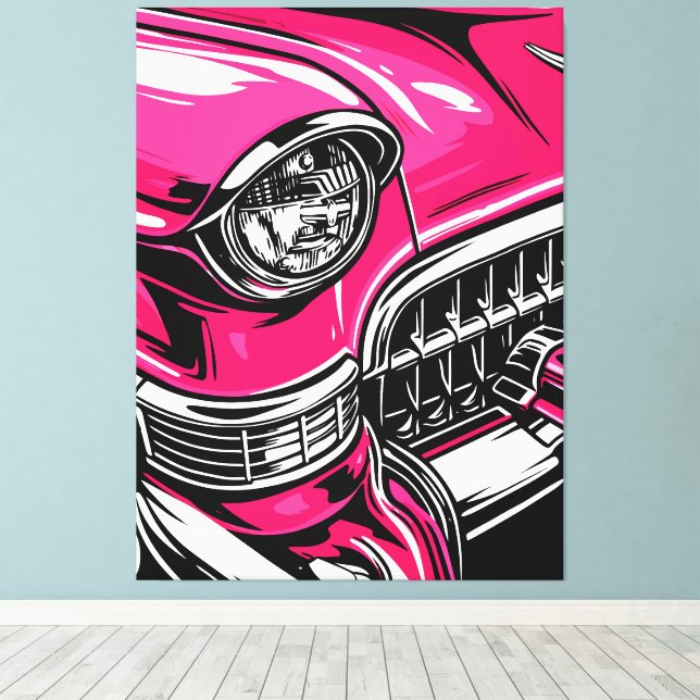 Impressão Em Tela Retro Pink Classic Car Front Pop Art Illustration (Insitu(piso de madeira))