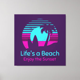 Impressão Em Tela Retro Sunset Surfboard Palm Tree Life's a Beach