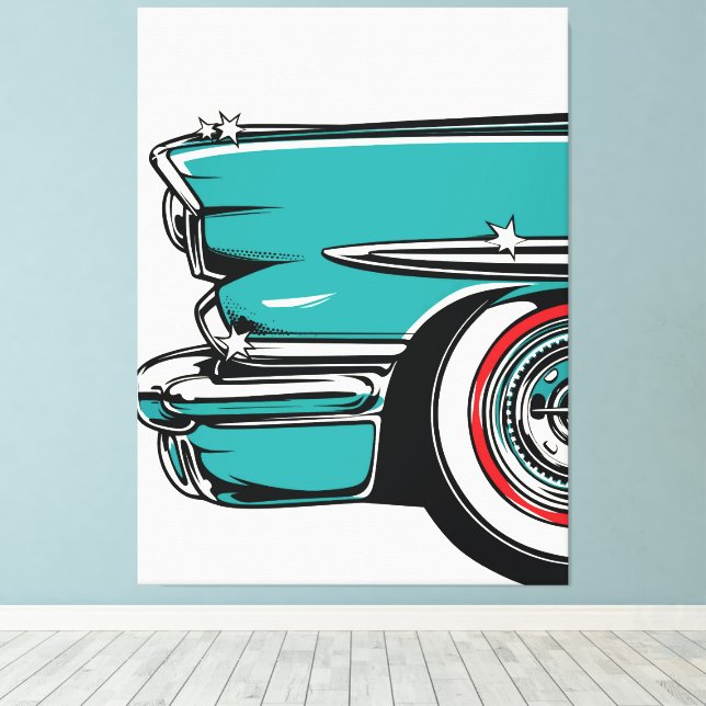 Impressão Em Tela Retro Teal Sports Car Front Pop Art Illustration (Insitu(piso de madeira))