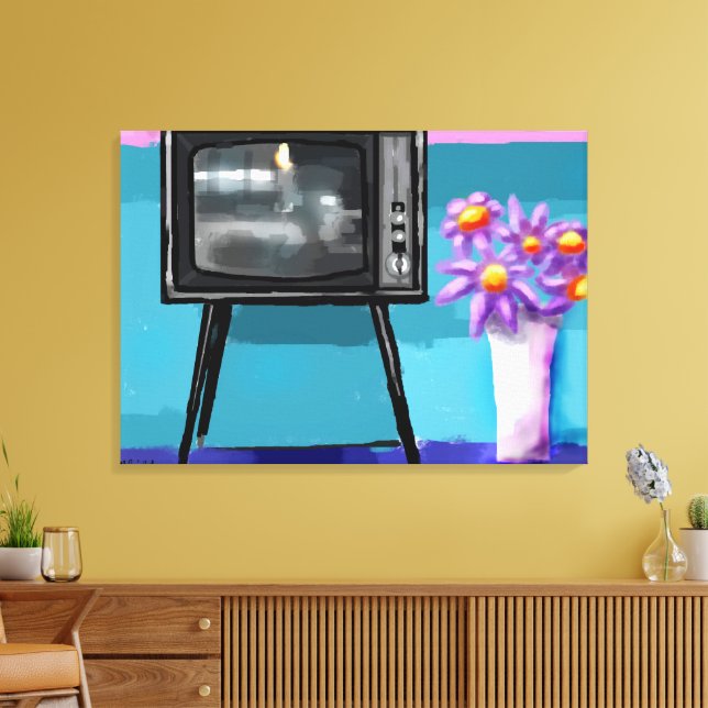 Impressão Em Tela Retro Televisão Conjunto e Flor de Disposição (Insitu(Sala de estar))