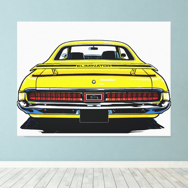 Impressão Em Tela Retro Yellow Muscle Car Rear Pop Art Illustration (Insitu(piso de madeira))
