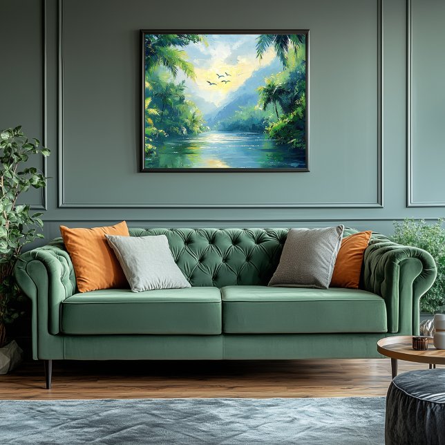 Impressão Em Tela Rio Tranquilo Vencendo Através Da Selva Densa (Jungle River Artwork)