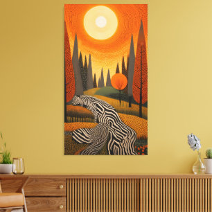 Impressão Em Tela Rio Zebra: Arte Pontilhista ao Pôr do Sol na Natur