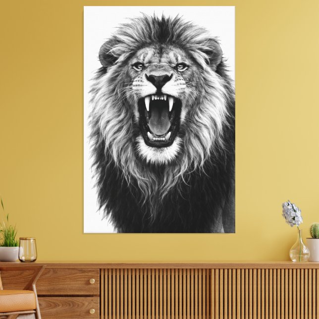Impressão Em Tela Roaring Lion Black White Powerful Wildlife Art (Insitu(Sala de estar))