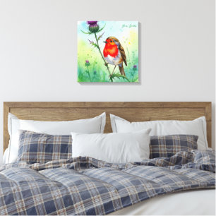 Impressão Em Tela Robin Bird e Flor de Cardo Aquarela Botânica