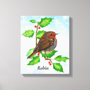 Impressão Em Tela Robin Bird na pintura Holly Watercolor