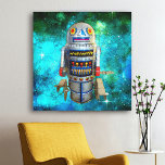 Impressão Em Tela Robô de brinquedo metálico - bolha azul galáxia an<br><div class="desc">Eu adoro rostos retrorreflectores bonitos em robôs antigos, robôs de enrolar de brinquedos metálicos de infância. Aqui está um dos meus favoritos, colocado contra um céu de galáxia azul-turquesa. Adicione um pouco de estilo ao seu quarto com esta divertida, colorida, ilustração fotográfica, canvas na parede. Faz um presente excelente, moderno,...</div>
