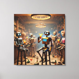Impressão Em Tela robots having fun in a bar