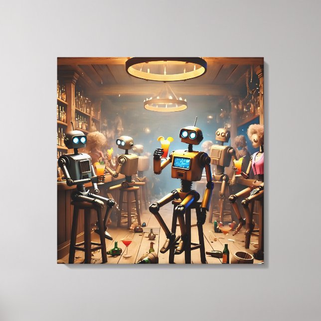 Impressão Em Tela robots having fun in a bar (Frente)