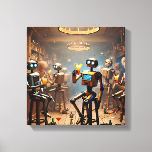 Impressão Em Tela robots having fun in a bar