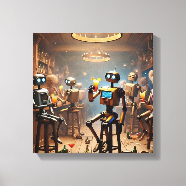 Impressão Em Tela robots having fun in a bar (Frente)