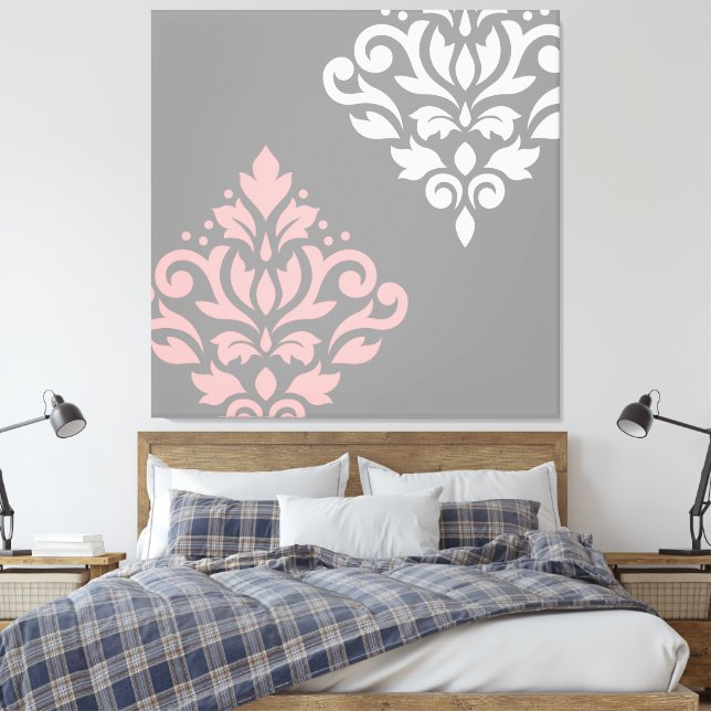Impressão Em Tela Rolar Damask Art I Pink White Cinza (Insitu(Quarto))