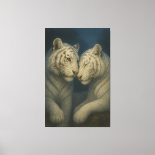 Impressão Em Tela Romantic White Tiger Couple – Moonlit Soft Blue Fi (Frente)
