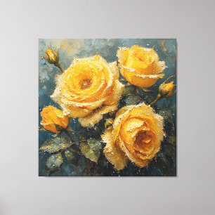 Impressão Em Tela Rosas Amarelas Vibrantes com Orvalho Pintura a Óle