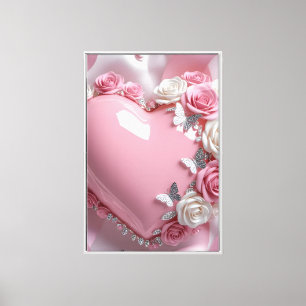 Impressão Em Tela Rosas Borboletas Coração Rosa Suave Romântico Bril
