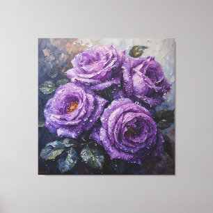 Impressão Em Tela Rosas Roxas Vibrantes com Pintura a Óleo do Orvalh