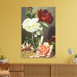 Impressão Em Tela Rosas Vermelhas Brancas e Rosadas Antigas em Arte 