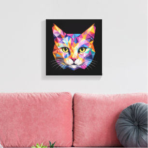 Impressão Em Tela Rosto de Gato Geométrico Colorido Arte de Triângul