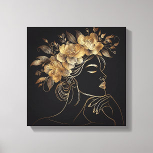 Impressão Em Tela Rosto Feminino de Luxo com Coroa Floral Dourada