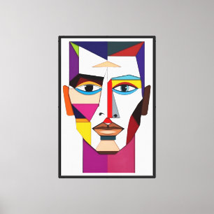 Impressão Em Tela Rosto Geométrico Abstrato Colorido: Cubismo Arte P
