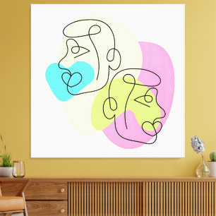 Impressão Em Tela Rostos Gêmeos Coloridos Linha Abstrata
