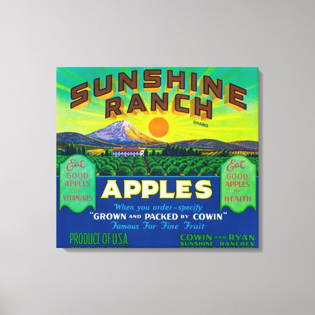 Impressão Em Tela Rótulo da Maçã Sunshine Ranch - Wapato, WA (Frente)