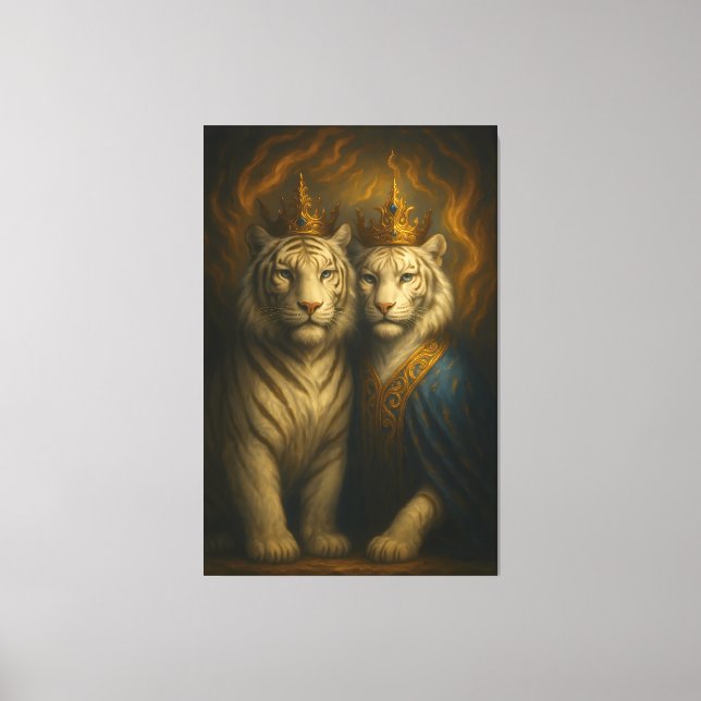 Impressão Em Tela Royal White Tiger Couple – Flaming Crown Edition | (Frente)