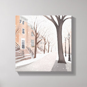 Impressão Em Tela Rua Brownstone   Aquarela de Inverno Nevado