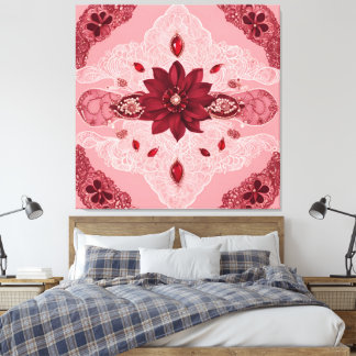 Impressão Em Tela Rubro Vermelho e Renda Branca Mandala Floral