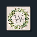 Impressão Em Tela Rustic Linen Wreath Monograma Wedding Keepske<br><div class="desc">Guarda-casamentos personalizados. Esta elegante e rustica arte de enrolar design de canvas de linho digital apresenta um fundo de textura de linho bege com uma bela folhagem de aquarela e uma corda de algodão que enquadra o clássico monograma de cinza escura. Os primeiros nomes do casal são escritos sobre o...</div>