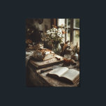 Impressão Em Tela Rustic Sourdough & Wildflowers<br><div class="desc">Sunlight streams through an old window onto a weathered wooden table laden with a crusty sourdough loaf, a slice ready to eat, and a glass jar of rich amber jam. An open antique book, fresh daisies in a vintage vase, dried wheat stalks, and soft linen details complete this timeless farmhouse...</div>
