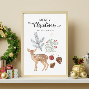 Impressão Em Tela Rustic Watercolor Deer e Botanicals Natal