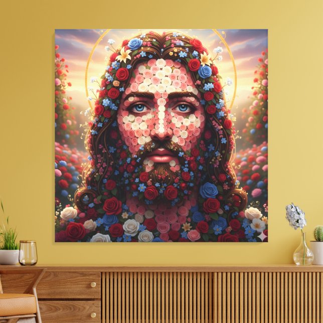 Impressão Em Tela Sacred Heart Jesus Floral Rose Portrait - Premium  (Insitu(Sala de estar))