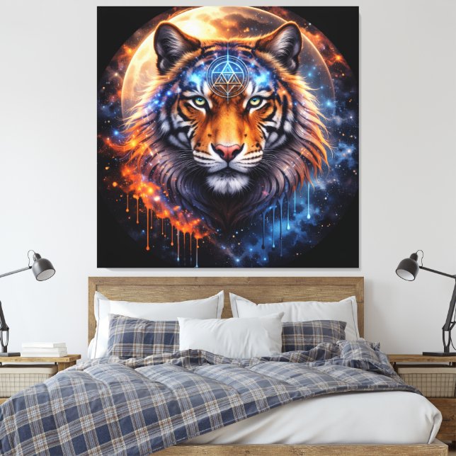 Impressão Em Tela Sacred Tiger – Cosmic Balance | Mystical Tiger Fan (Insitu(Quarto))